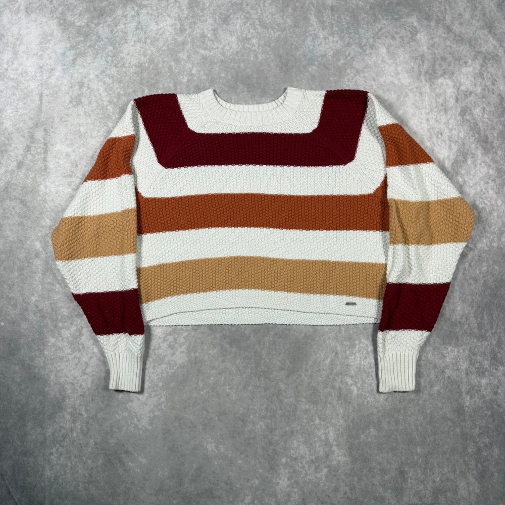 Hollister Womens XS Striped Knit Cropped Sweater Burgundy Orange Tan Autumn Fall